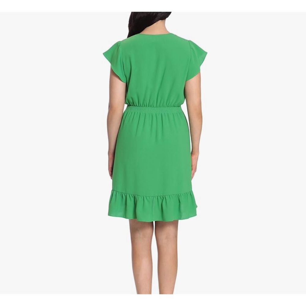 London times green mini smocked waist tie neck ruffle dress flutter medium - Picture 2 of 11